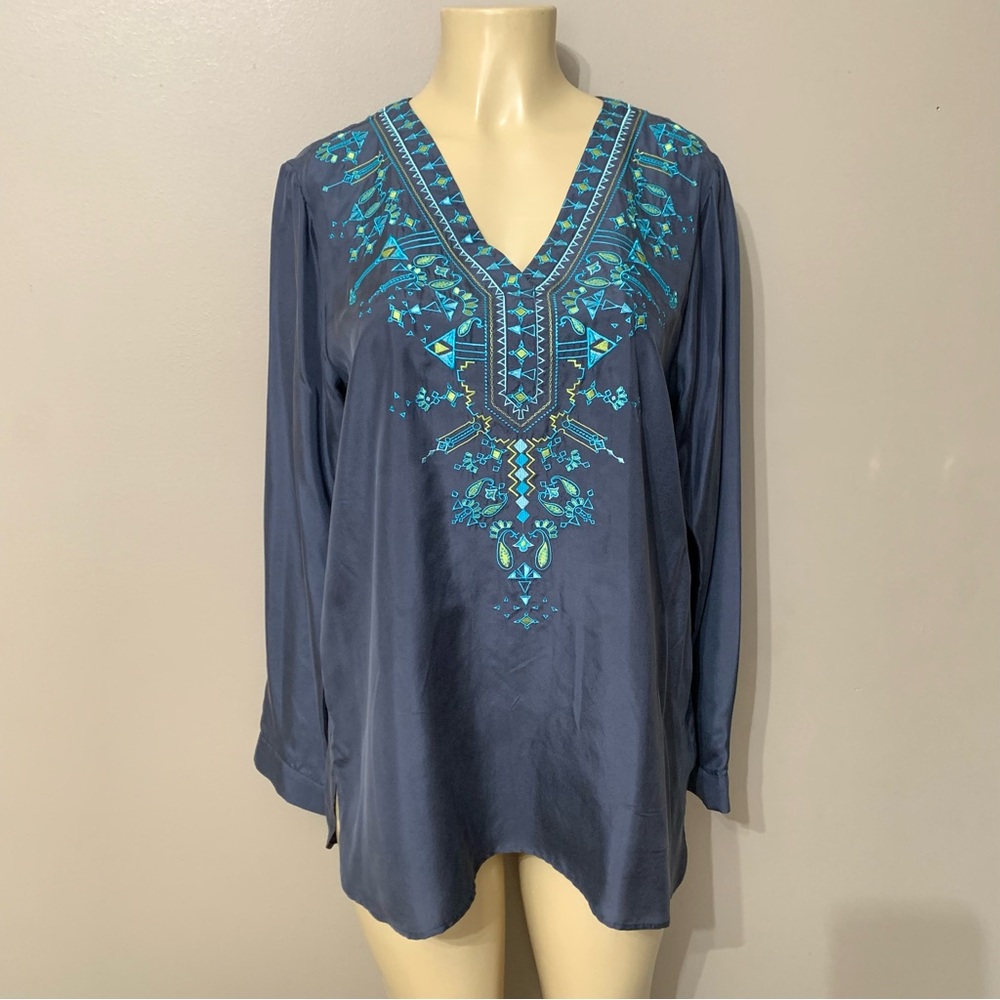 Sigrid Olsen Signature Silk Embroidered Charcoal/Navy Tunic Top NWT $189 Medium